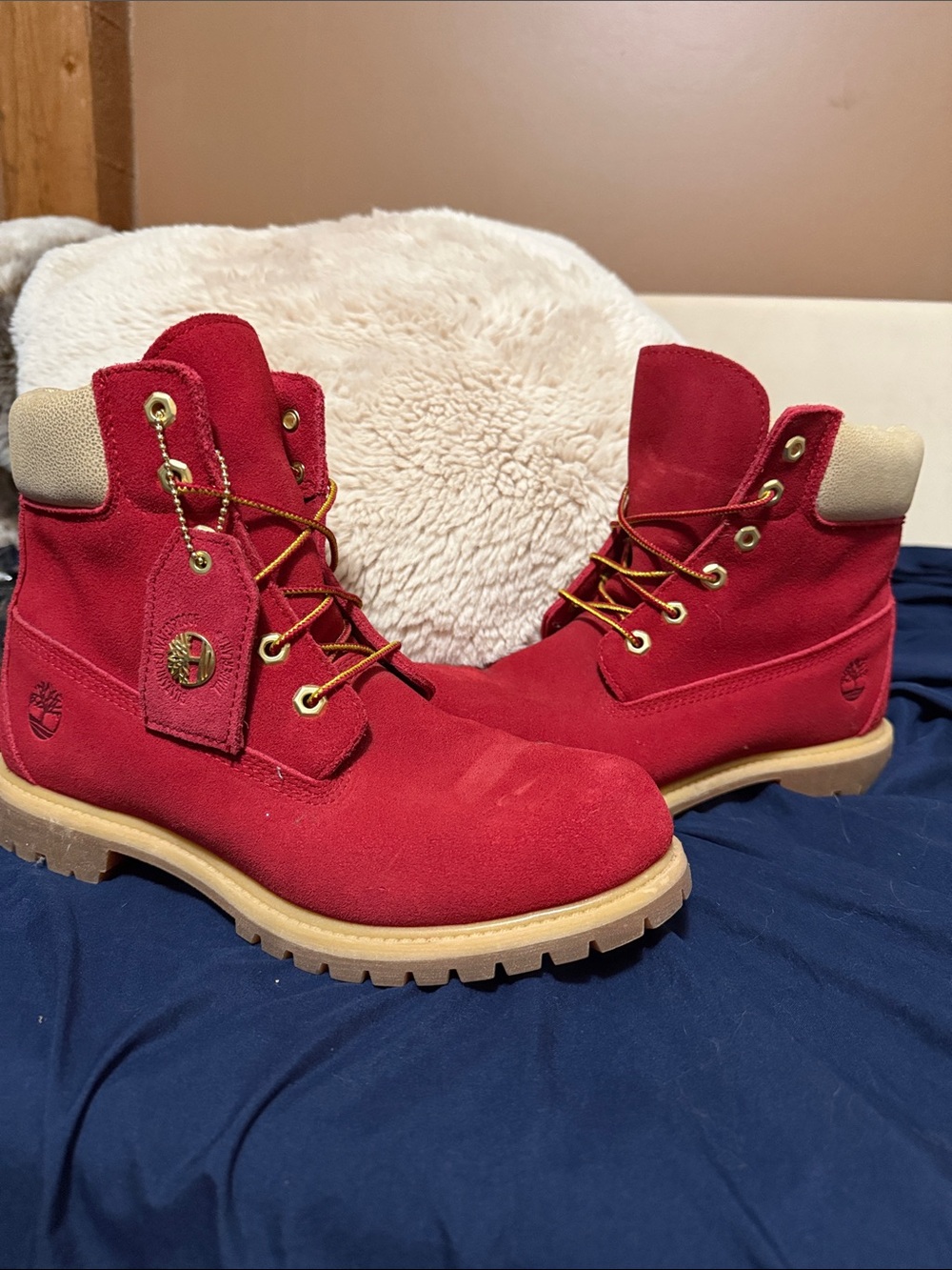 Timberland Red Suede Lace-Up Boots with Tan Collar